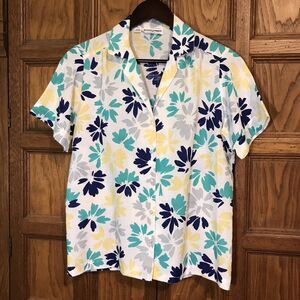 Alfred Dunner Linen Women's 10 Multi-Color Floral Blouse Short Sleeve Button-Up